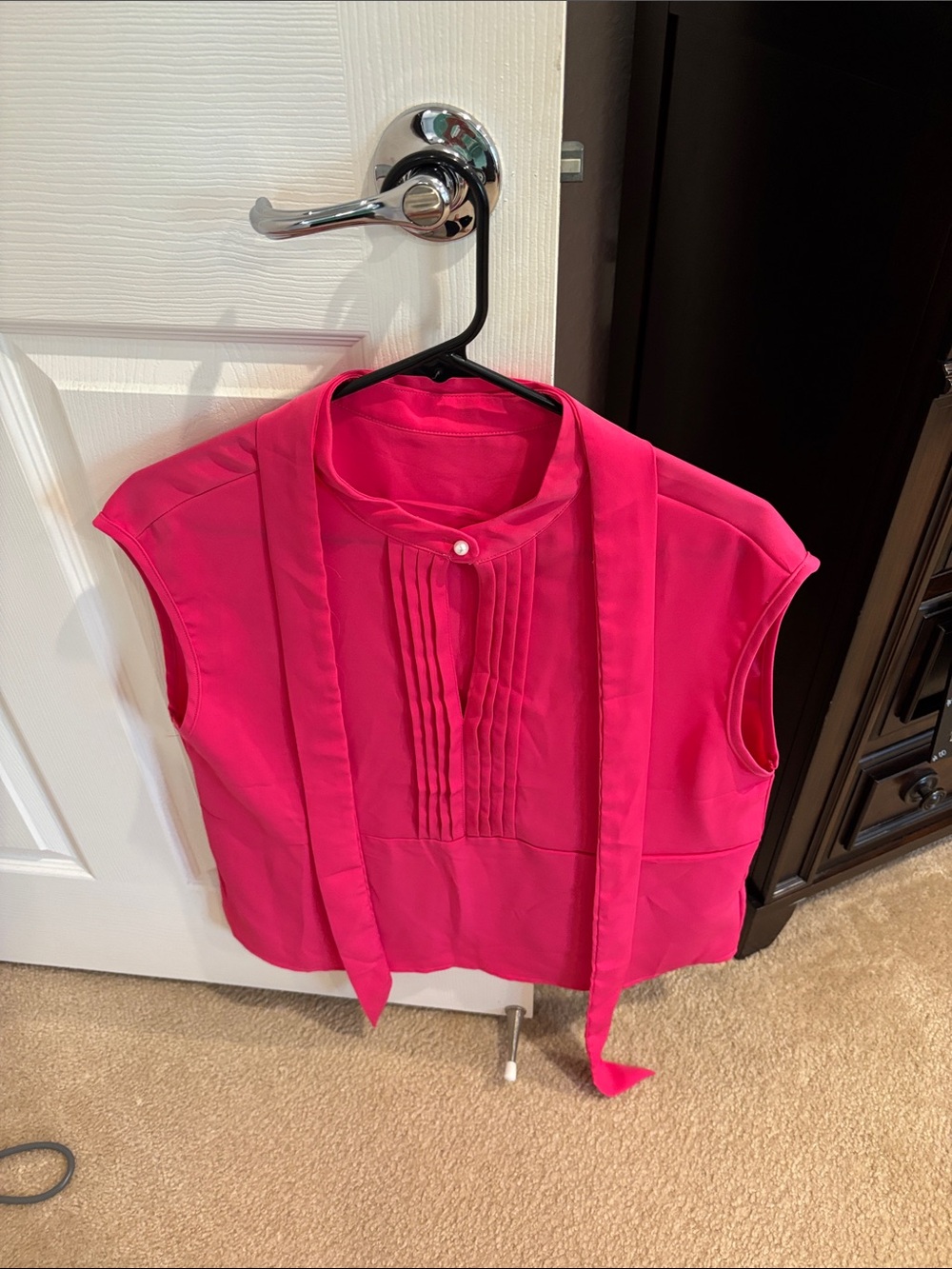 SHEIN Bright Pink Cap-Sleeve Tie-Neck Blouse
